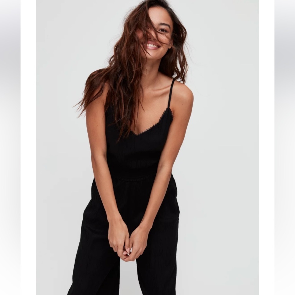 Aritzia Wilfred Irene Wide Leg Flowy Lace Trim V-Neck Black Modal Romper Size XS - Picture 3 of 16